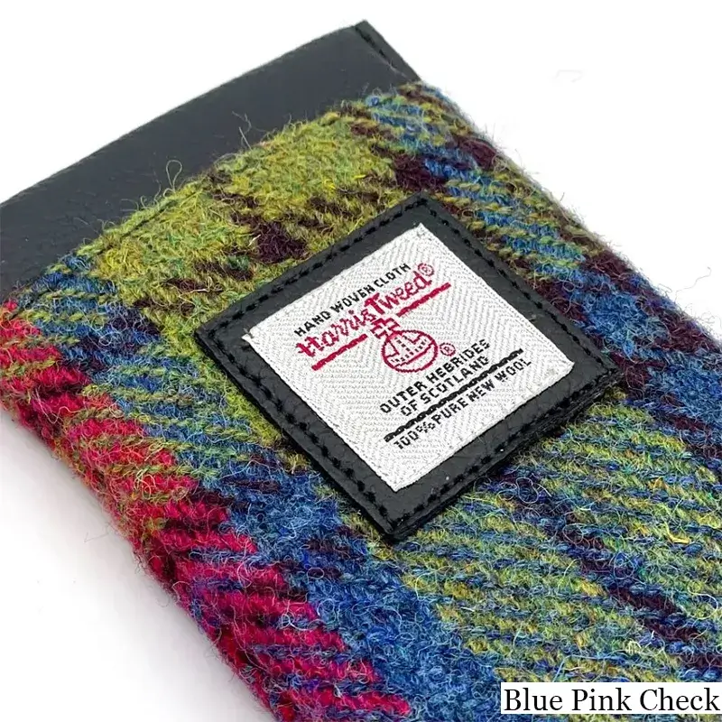 B90205 BLUE PINK CHECK Colour Handmade Harris Tweed Soft Glasses Case Closeup View Gaelsong