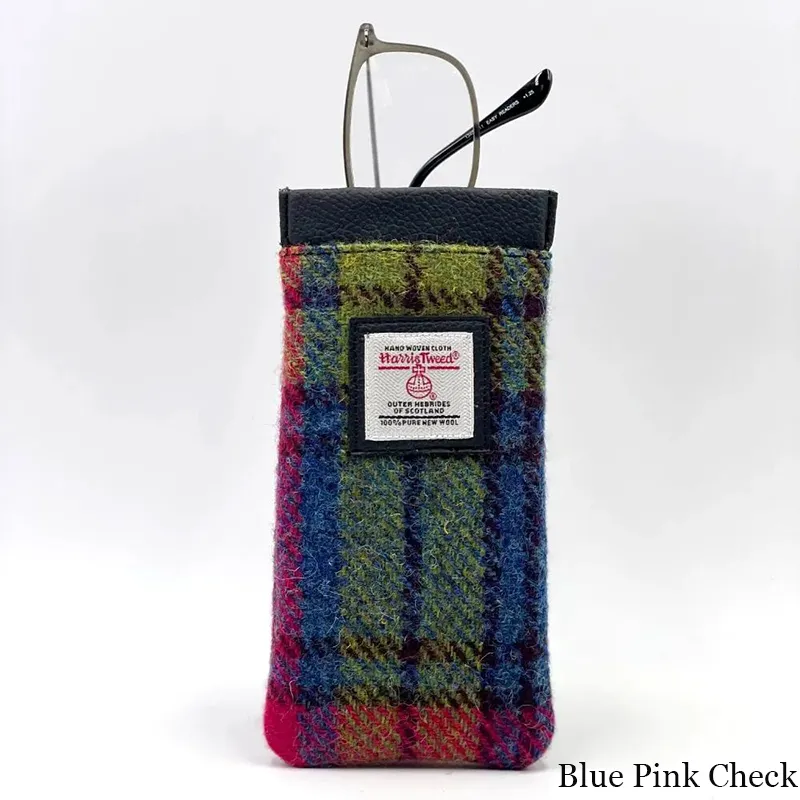 B90205 BLUE PINK CHECK Colour Handmade Harris Tweed Soft Glasses Case Gaelsong