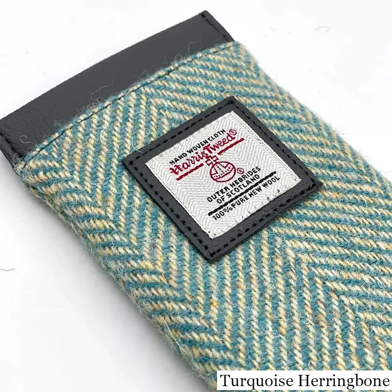 B90205 TURQUOISE HERRINGBONE Colour Handmade Harris Tweed Soft Glasses Case Closeup View Gaelsong