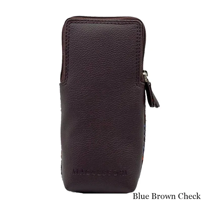B90206 BLUE BROWN CHECK Colour Handwoven Harris Tweed Double Glasses Case Back Side View Gaelsong