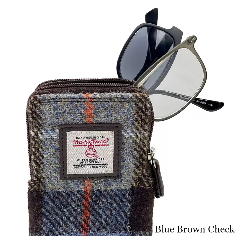 B90206 BLUE BROWN CHECK Colour Handwoven Harris Tweed Double Glasses Case Closeup Check Gaelsong