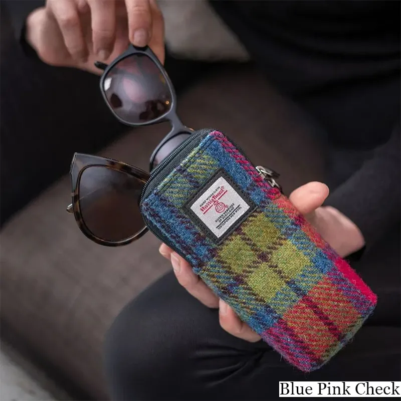 B90206 BLUE PINK CHECK Colour Handwoven Harris Tweed Double Glasses Case Lifestyle Gaelsong