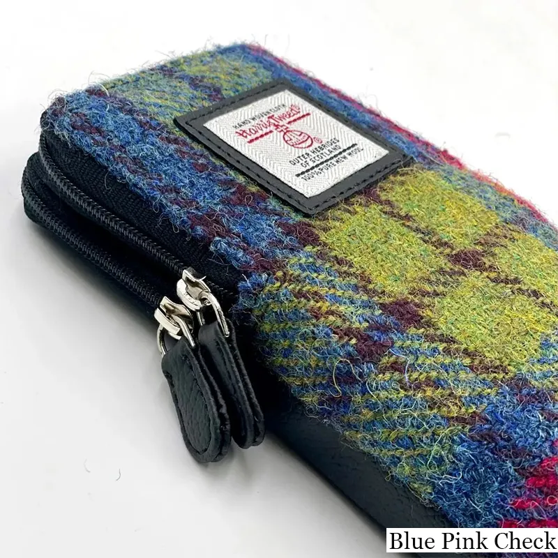 B90206 BLUE PINK CHECK Colour Handwoven Harris Tweed Double Glasses Case Side View Gaelsong