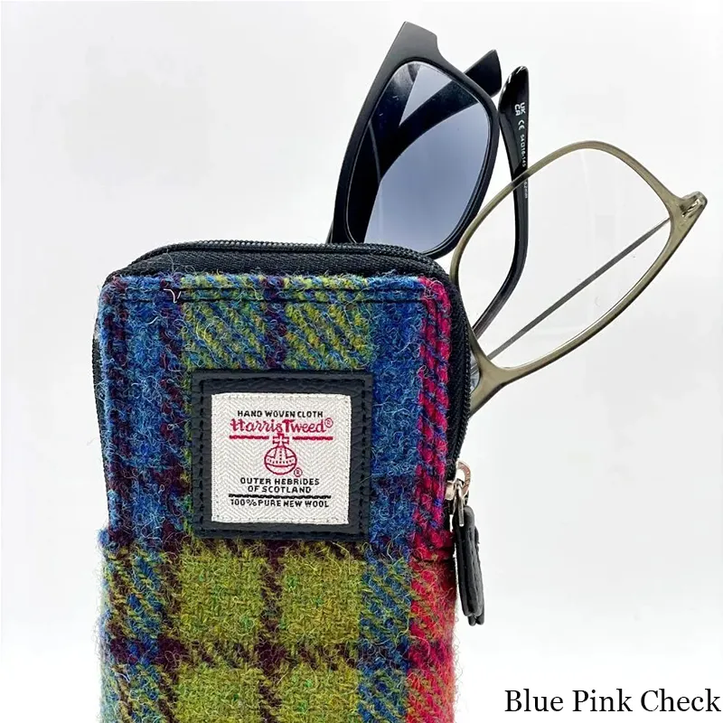 B90206 BLUE PINK CHECK Colour Handwoven Harris Tweed Double Glasses Case Studio Gaelsong