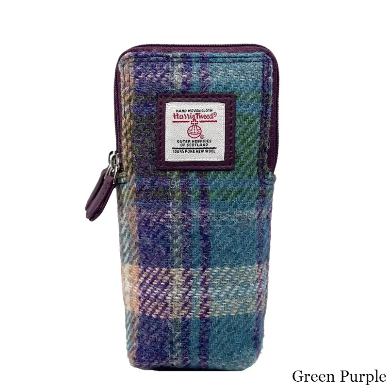 B90206 GREEN PURPLE PLAID Colour Handwoven Harris Tweed Double Glasses Case Gaelsong