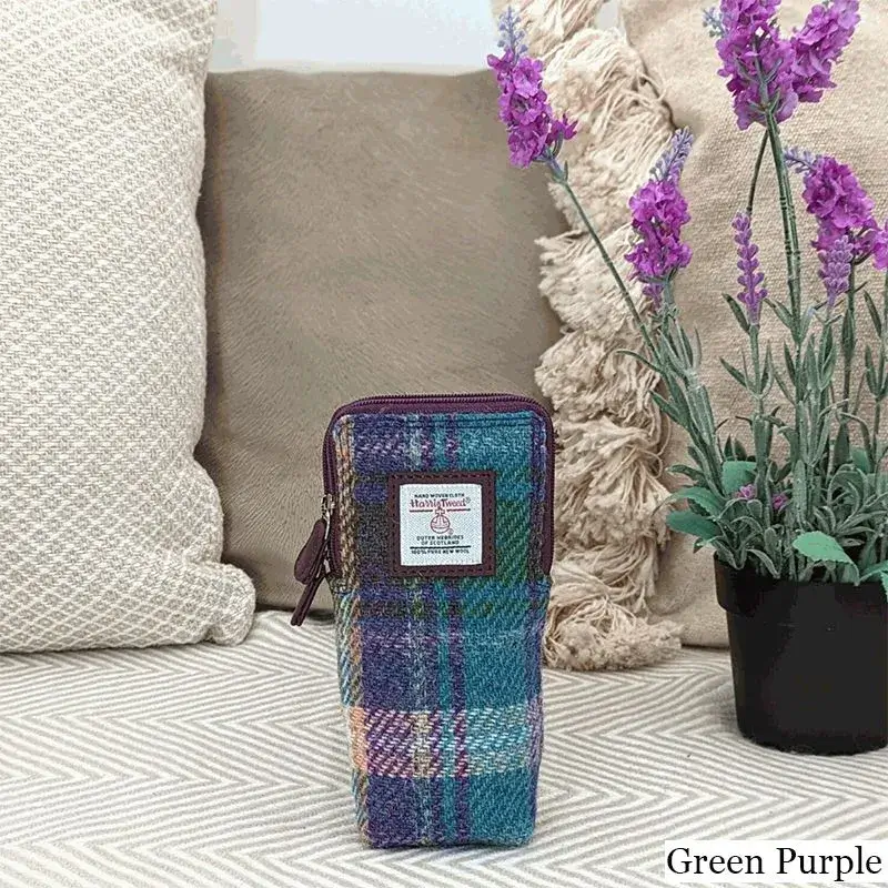 B90206 GREEN PURPLE PLAID Colour Handwoven Harris Tweed Double Glasses Case Lifetsyle Gaelsong