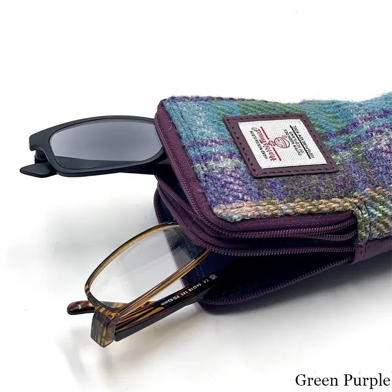 B90206 GREEN PURPLE PLAID Colour Handwoven Harris Tweed Double Glasses Case Side View Gaelsong