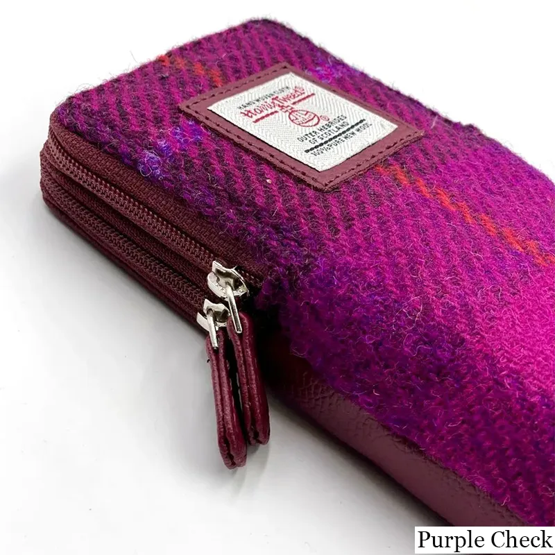B90206 PURPLE CHECK Colour Handwoven Harris Tweed Double Glasses Case Closeup View Gaelsong