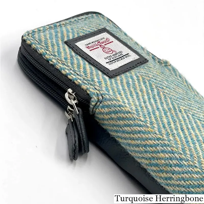 B90206 TURQUOISE HERRINGBONE Colour Handwoven Harris Tweed Double Glasses Case Side View Gaelsong
