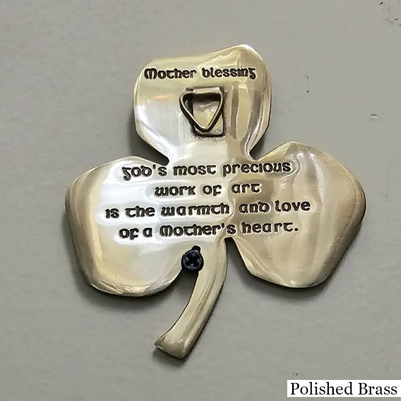 D22211 POLISHED BRASS Irish Three Leaf Shamrock Wall Decor with Mother Blessing Back Sie Blessing View Gaelsong