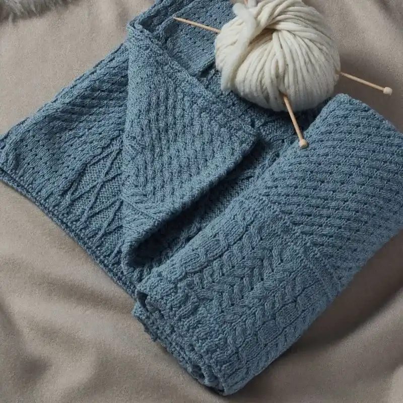 D50662 Color MISTY BLUE Patchwork Aran Wool Throw Lifestyle Gaelsong