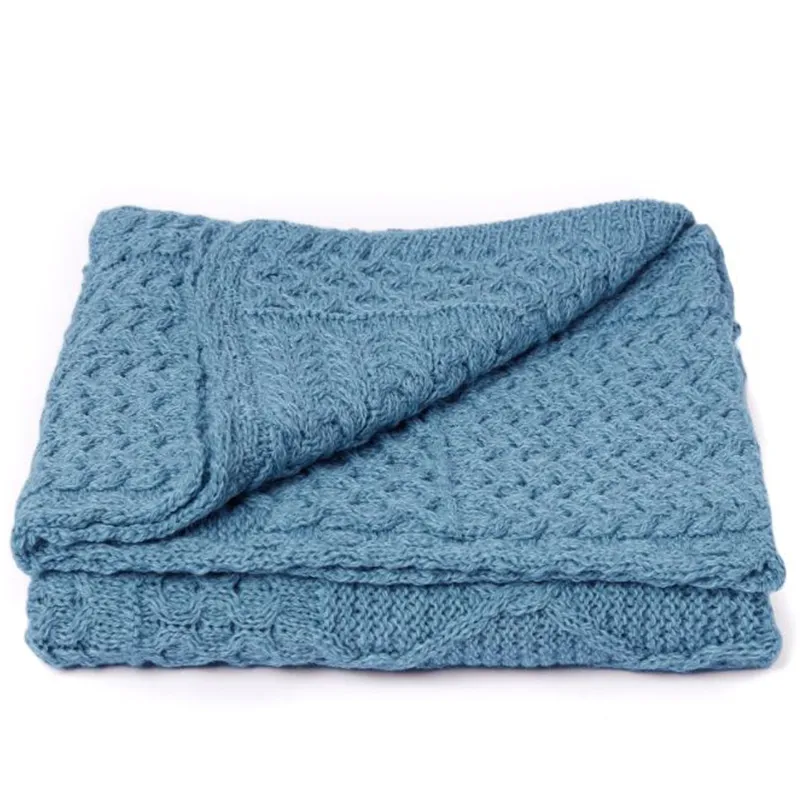 D50662 Color MISTY BLUE Patchwork Aran Wool Throw Front Side Gaelsong