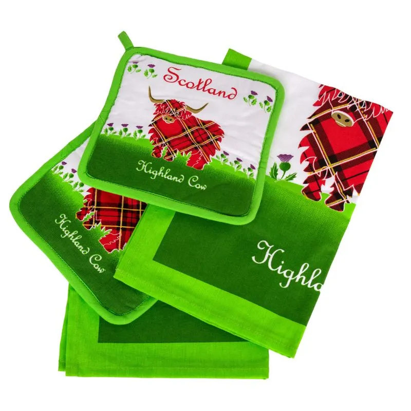 D50690 Highland Cow Cotton Tea Towel and Pot Holder Set Gaelsong
