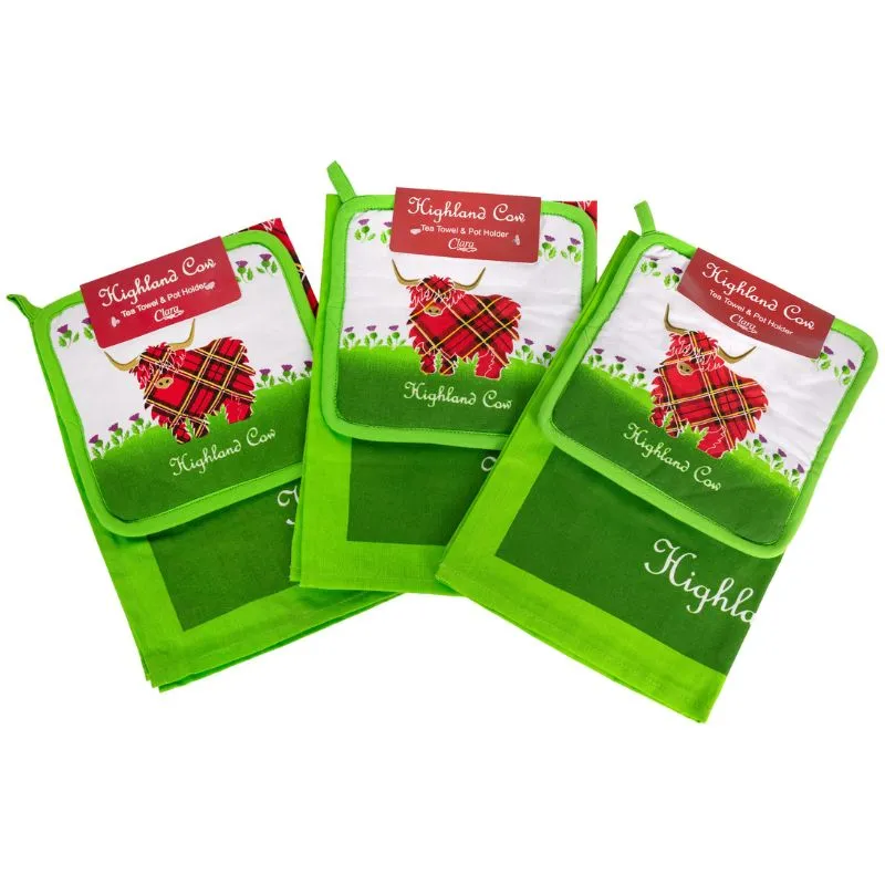 D50690 Highland Cow Cotton Tea Towel and Pot Holder Set Gaelsong