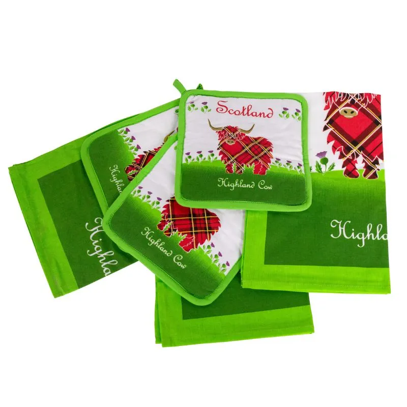 D50690 Highland Cow Cotton Tea Towel and Pot Holder Set Gaelsong