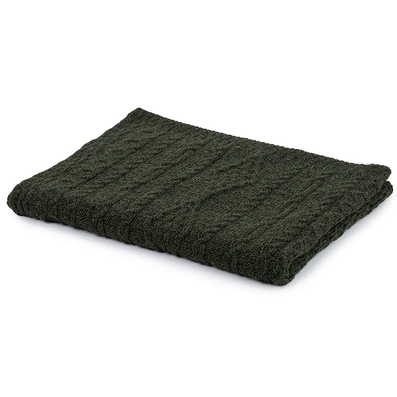 D50709 Achill Fisherman Diamond Knit Aran Throw ARMY GREEN Folded View Gaelsong