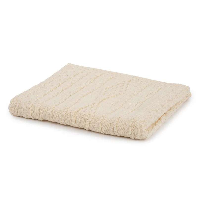 D50709 Achill Fisherman Diamond Knit Aran Throw NATURAL WHITE Folded View Gaelsong