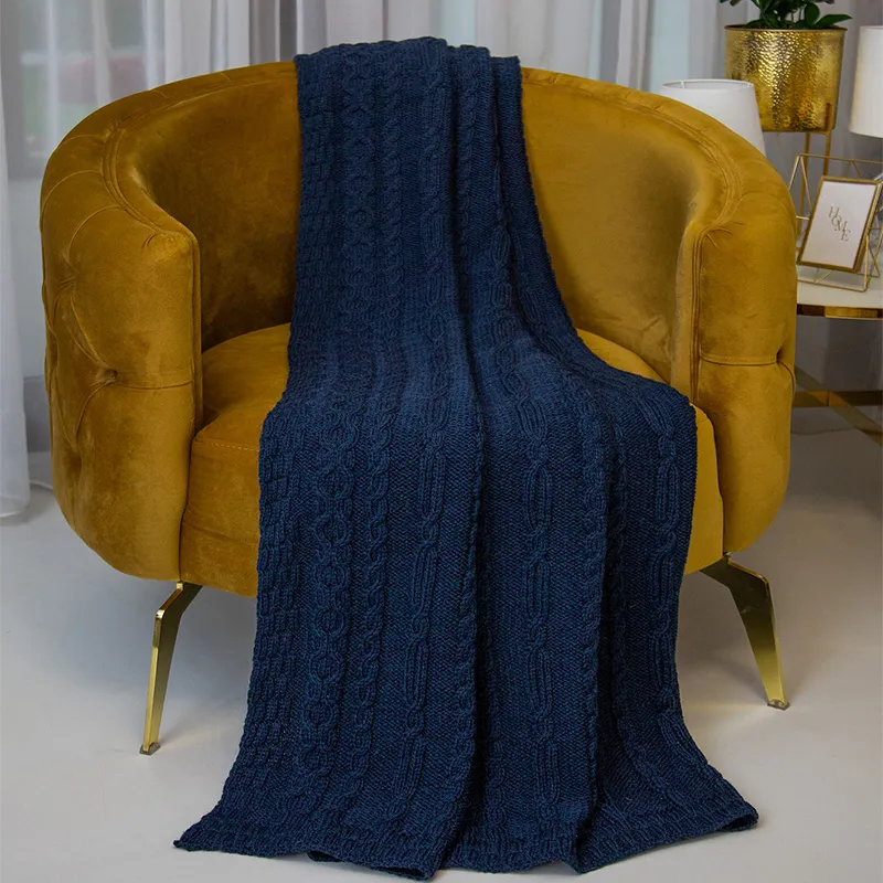 D50709 Achill Fisherman Diamond Knit Aran Throw OCEAN BLUE Gaelsong