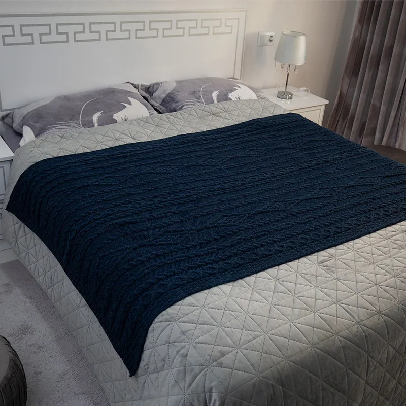 D50709 Achill Fisherman Diamond Knit Aran Throw OCEAN BLUE Lifestyle Gaelsong