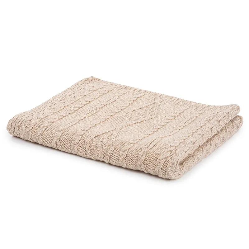 D50709 Achill Fisherman Diamond Knit Aran Throw PARSNIP Folded View Gaelsong