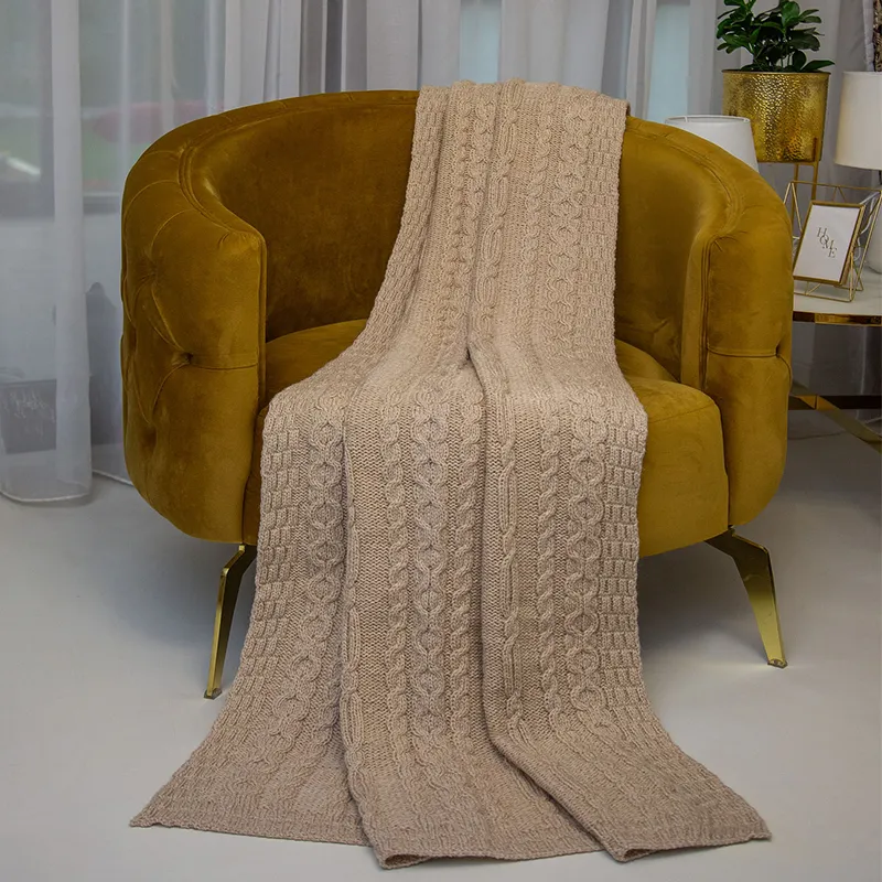 D50709 Achill Fisherman Diamond Knit Aran Throw PARSNIP Gaelsong