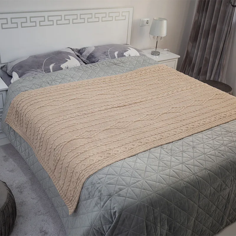 D50709 Achill Fisherman Diamond Knit Aran Throw PARSNIP Lifestyle Gaelsong