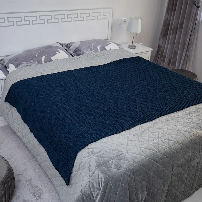 D50710 Irish Fisherman Wool Basket Stitch Throw OCEAN BLUE Lifestyle Gaelsong