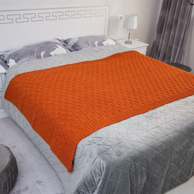 D50710 Irish Fisherman Wool Basket Stitch Throw ORANGE Lifestyle Gaelsong