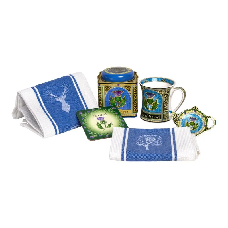 D50716 Traditional Scottish Thistle Tea Towel Set Mugs and Coaster and Tea  Gaelsong