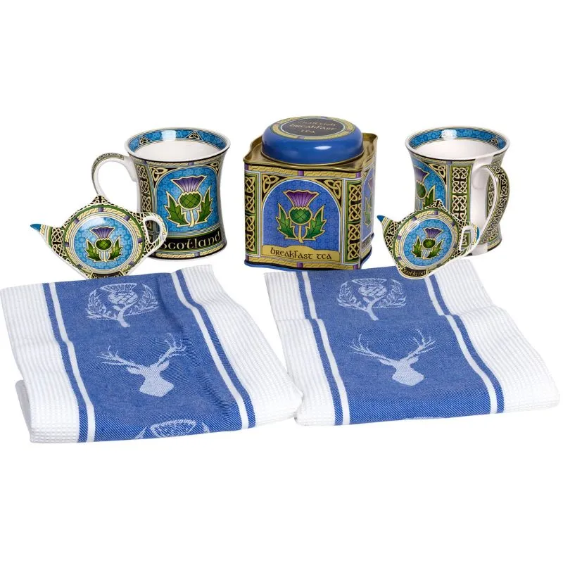 D50716 Traditional Scottish Thistle Tea Towel Set Mugs and Coaster and Tea  Gaelsong