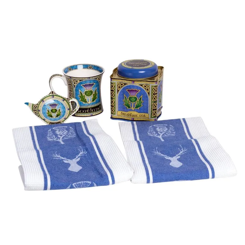 D50716 Traditional Scottish Thistle Tea Towel Set Mugs and Tea Gaelsong