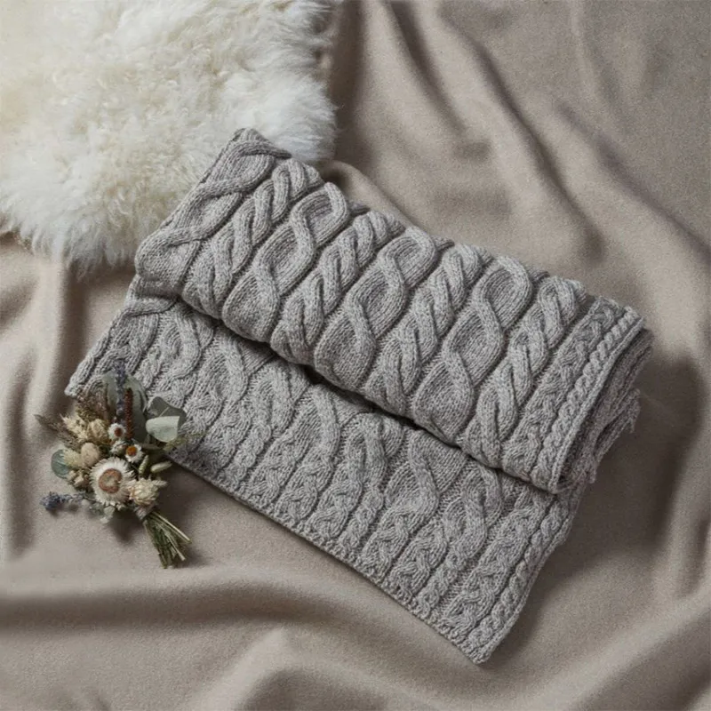 D50732 MISTY GREY Colour Supersoft Merino Chunky Cable Knit Throw Folded View Size Gaelsong