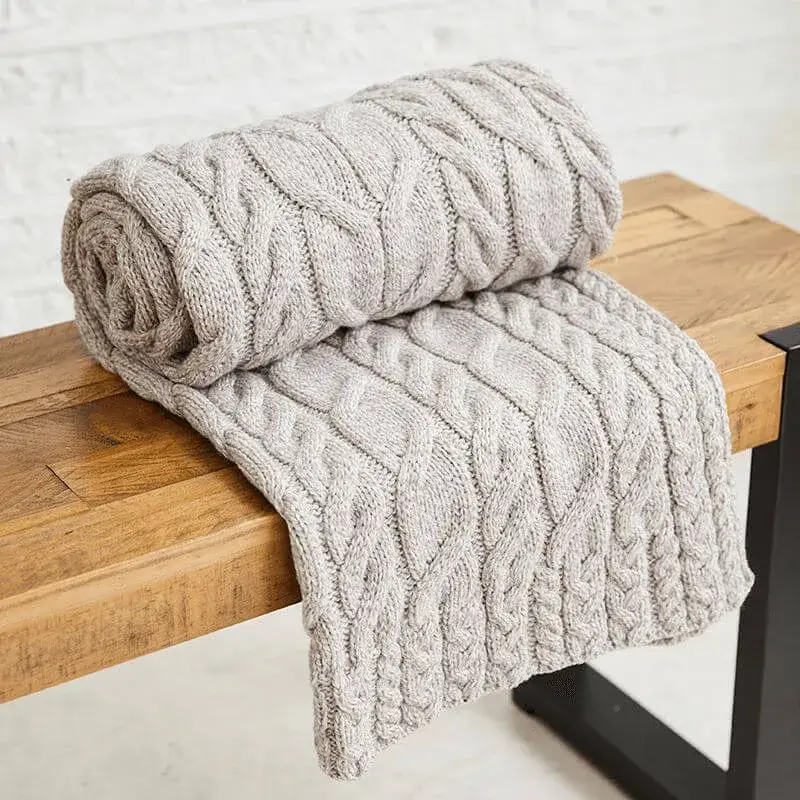 D50732 MISTY GREY Colour Supersoft Merino Chunky Cable Knit Throw Folded Gaelsong