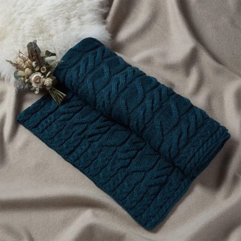 D50732 TEAL BLUE Colour Supersoft Merino Chunky Cable Knit Throw Folded View Size Gaelsong