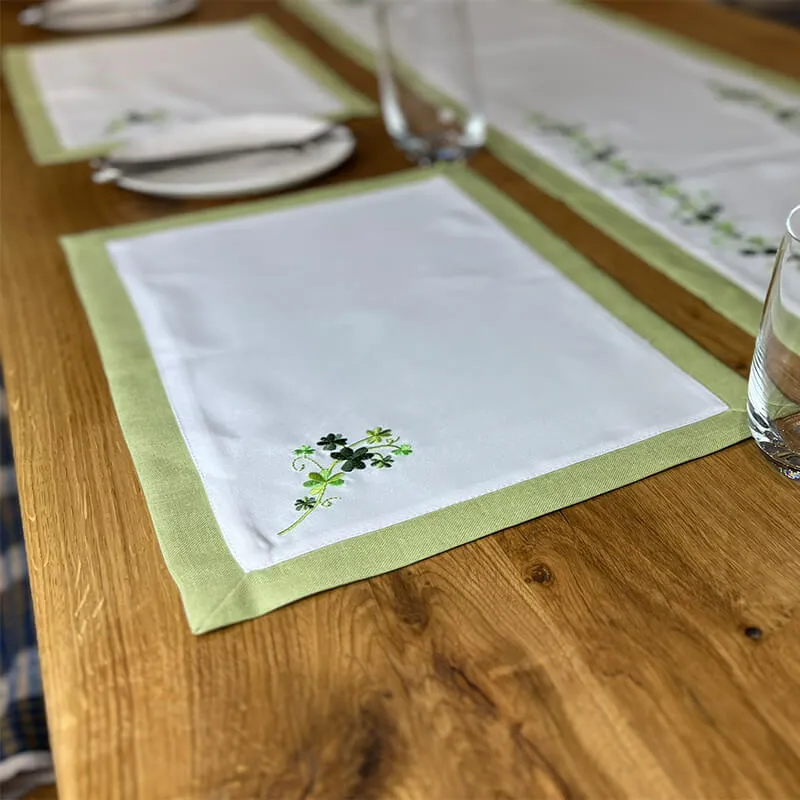 D50736 PLACEMATS and Table Runner Embroidered Irish Shamrock Tablecloth Collection On the Table Gaelsong
