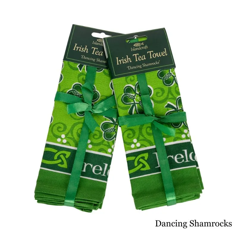 D50749 DANCING SHAMROCK Print Cotton Irish Designed Kitchen Towels Folded set of 2 Gaelsong