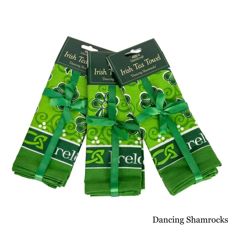 D50749 DANCING SHAMROCK Print Cotton Irish Designed Kitchen Towels Folded set of 3 Gaelsong
