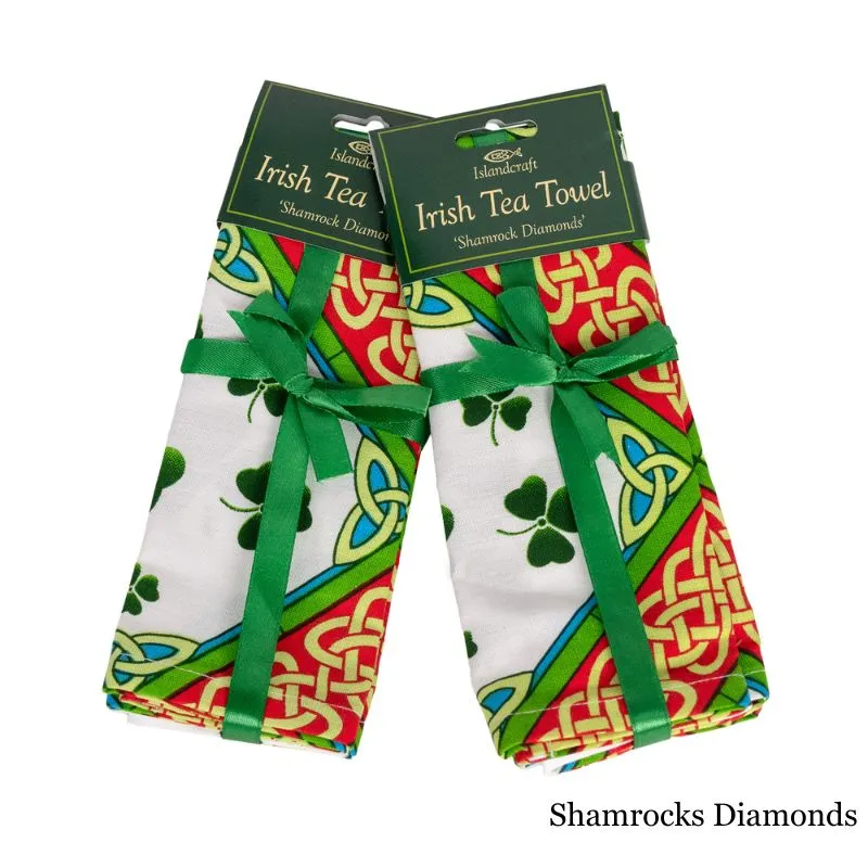 D50749 DIAMONDS SHAMROCK Print Cotton Irish Designed Kitchen Towels Folded set of 2 Gaelsong
