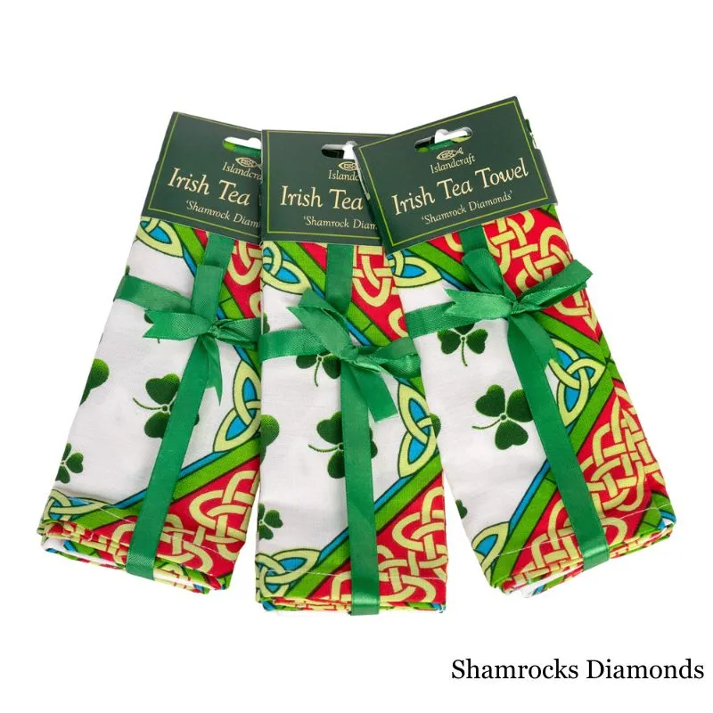 D50749 DIAMONDS SHAMROCK Print Cotton Irish Designed Kitchen Towels Folded set of 3  Gaelsong