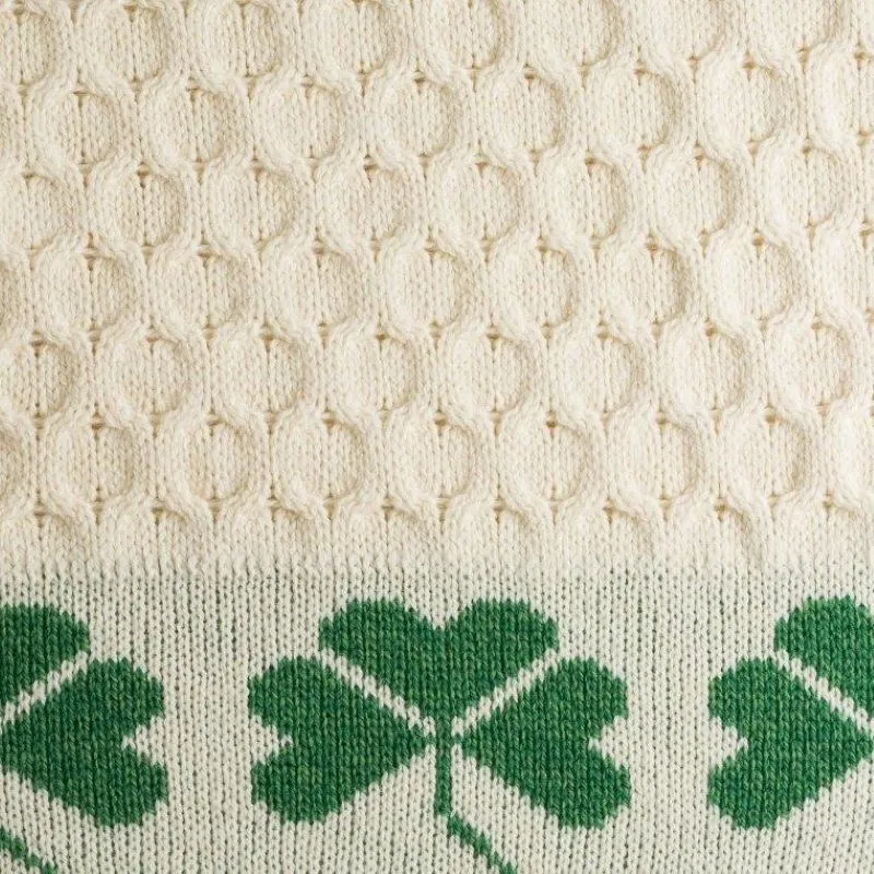 D50756 Merino Wool Shamrock Aran Knit Throw Closeup Studio Knit View Gaelsong