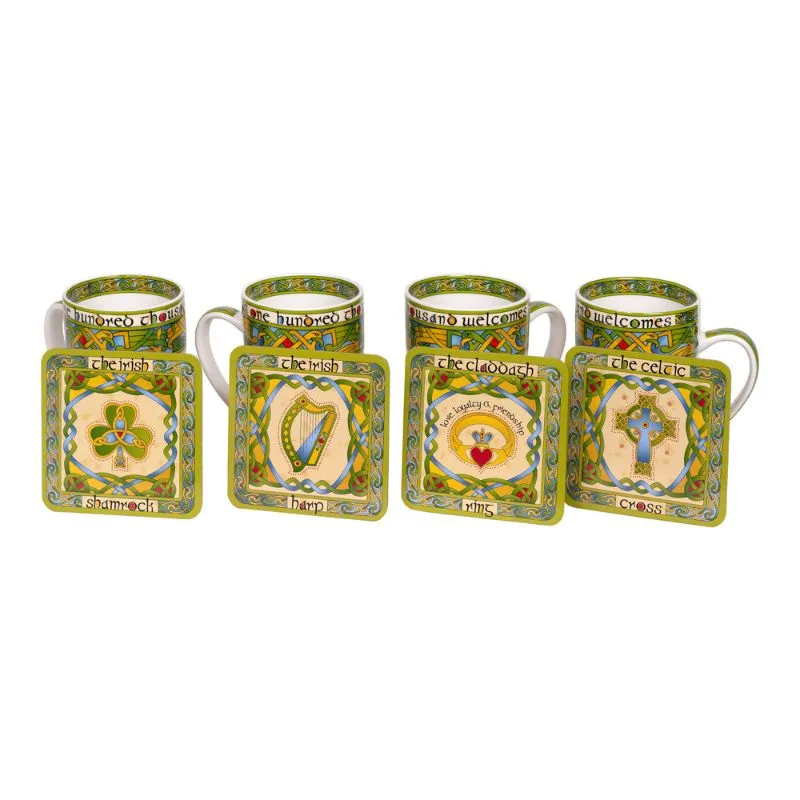 Cead Mile Failte Ceramic Irish Mug Set 4 Mugs with 4 Coasters