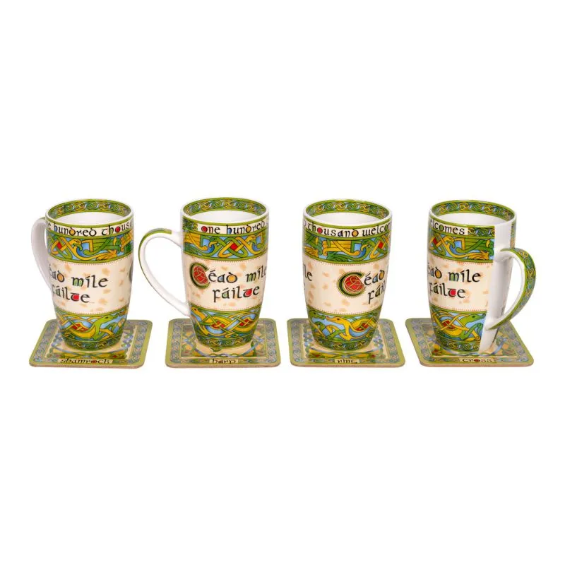 Cead Mile Failte Ceramic Irish Mug Set 4 Mugs with 4 Coasters