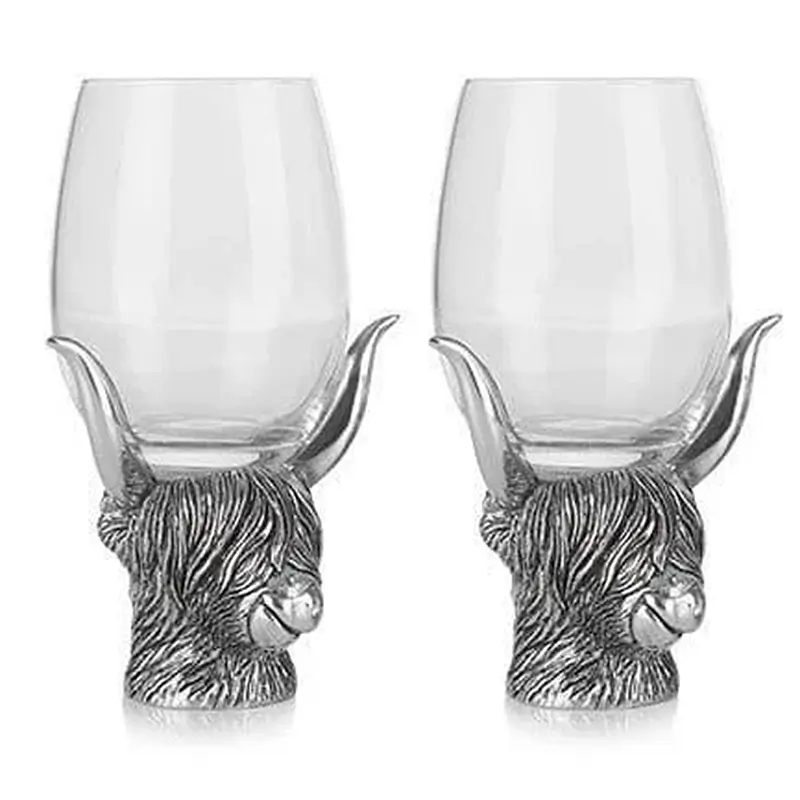 D63122 Pewter Highland Cow Wine Glass Set Gaelsong 
