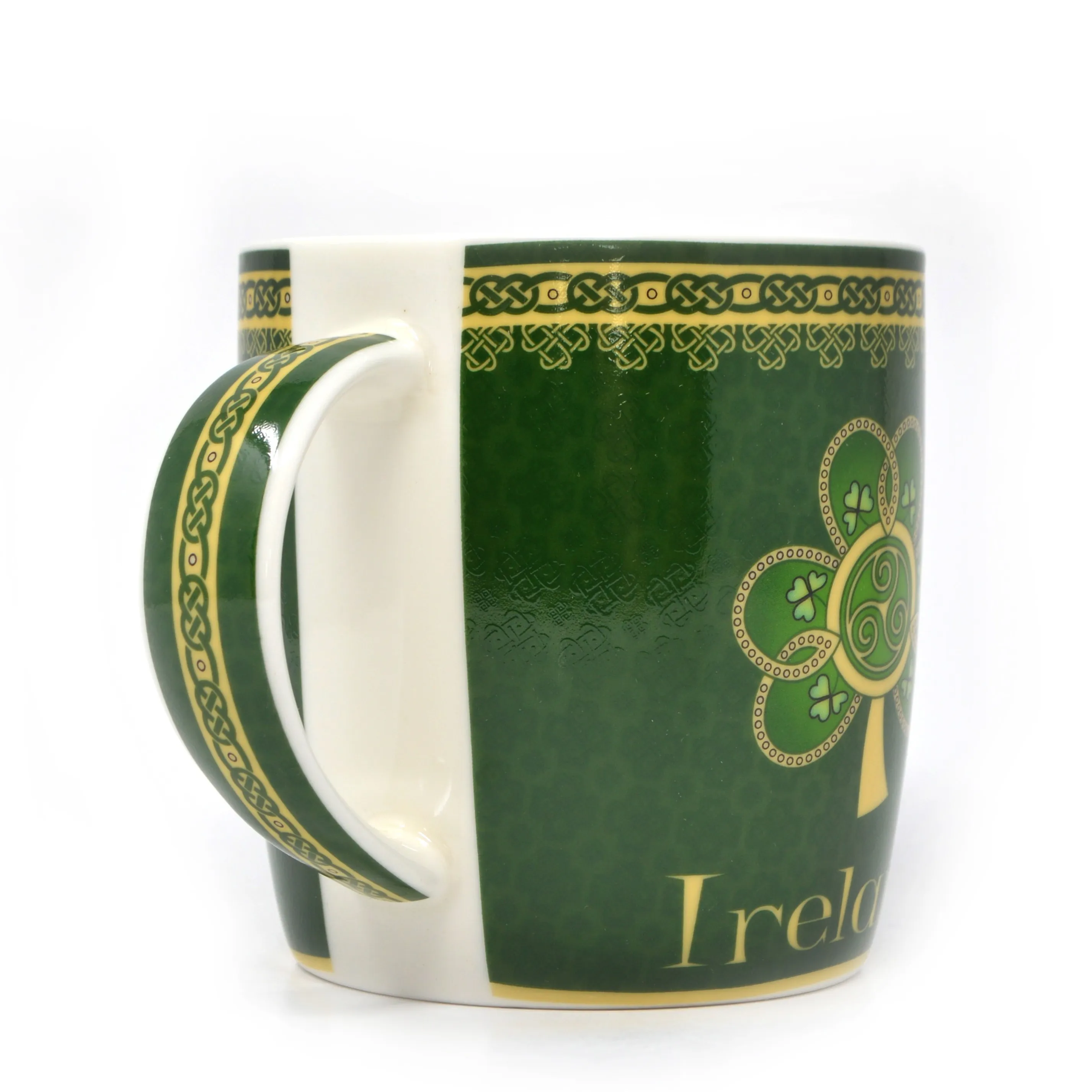 D63157 SINGLE MUG Bone China Ireland Shamrock Mug Closeup Handle Side View Design Gaelsong