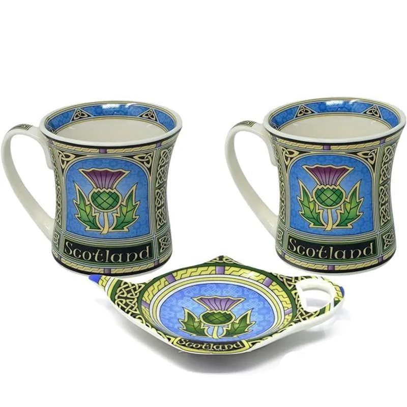 Thistle Designed Mugs & Tea Bag Holder Set
