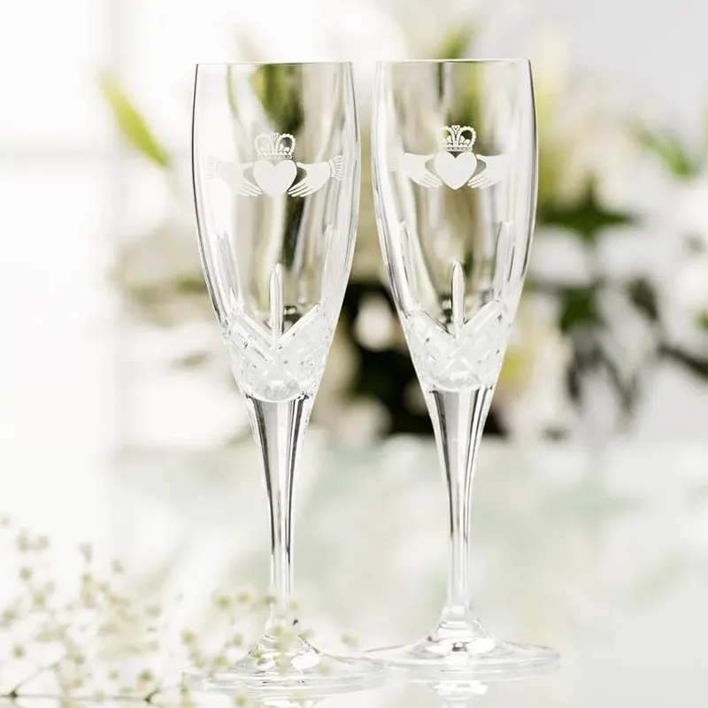 D63172 Etched Crystal Claddagh Champagne Flutes Set Lifestyle Gaelsong