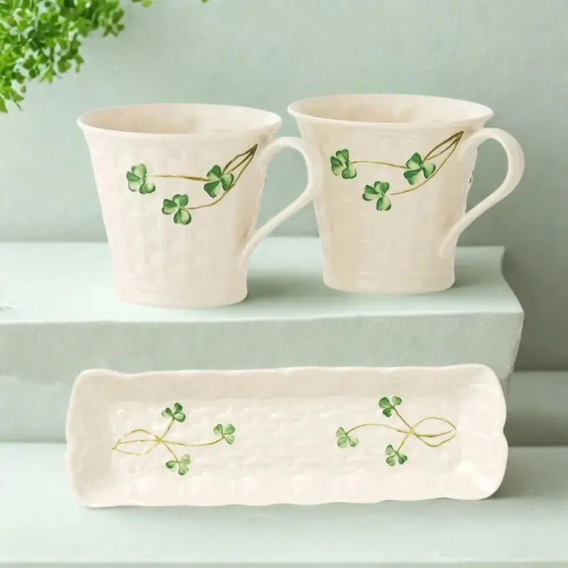 D63179 Hand-Painted Shamrock Coffee Mugs With Tray Lifestyle