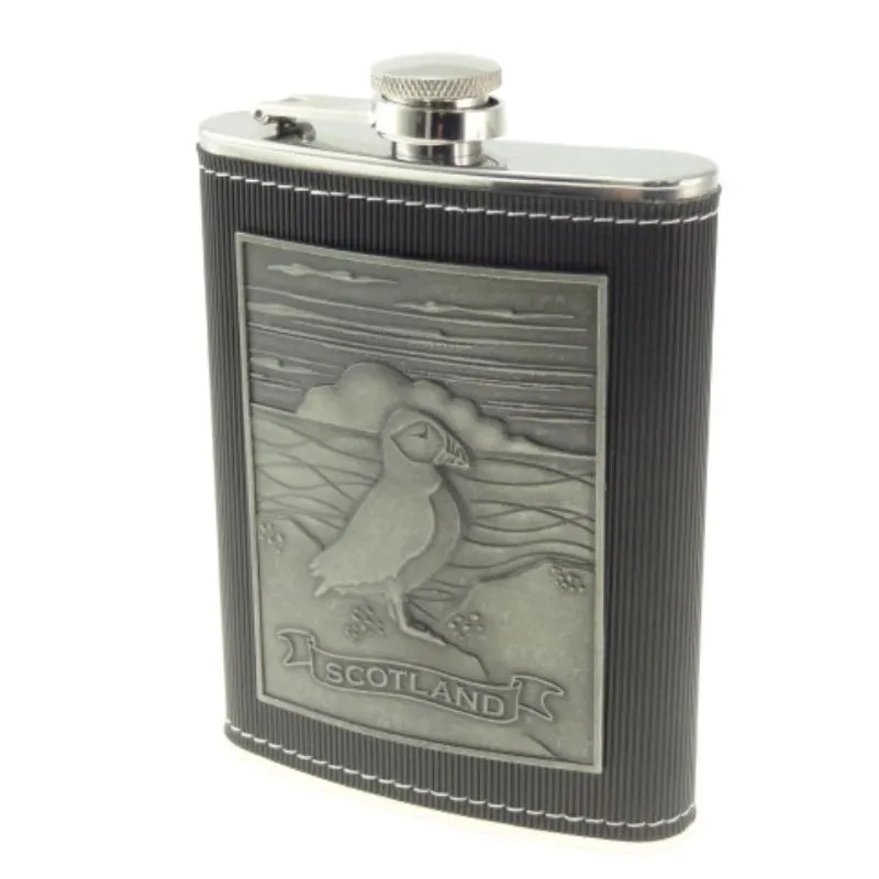 D68651 Steel Whisky Flask with Scottish Design Puffin Gaelsong