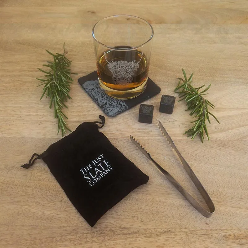 D68689 Embossed Highland Cow Whiskey Gift Set Lifestyle Gaelsong