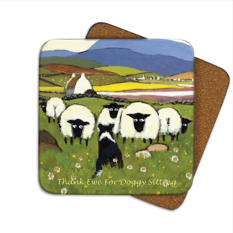 D68711 DOG SITTING Cork Base Sheep Irish Coaster Gaelsong